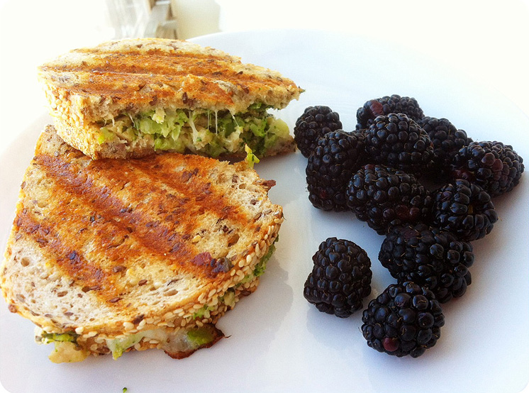 Broccoli Panini Grilled Quorn and broccoli panini served with blackberries